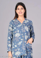 Printed rayon slub full sleeves nightsuit for comfortable sleepwear, available in S-XXXXL sizes